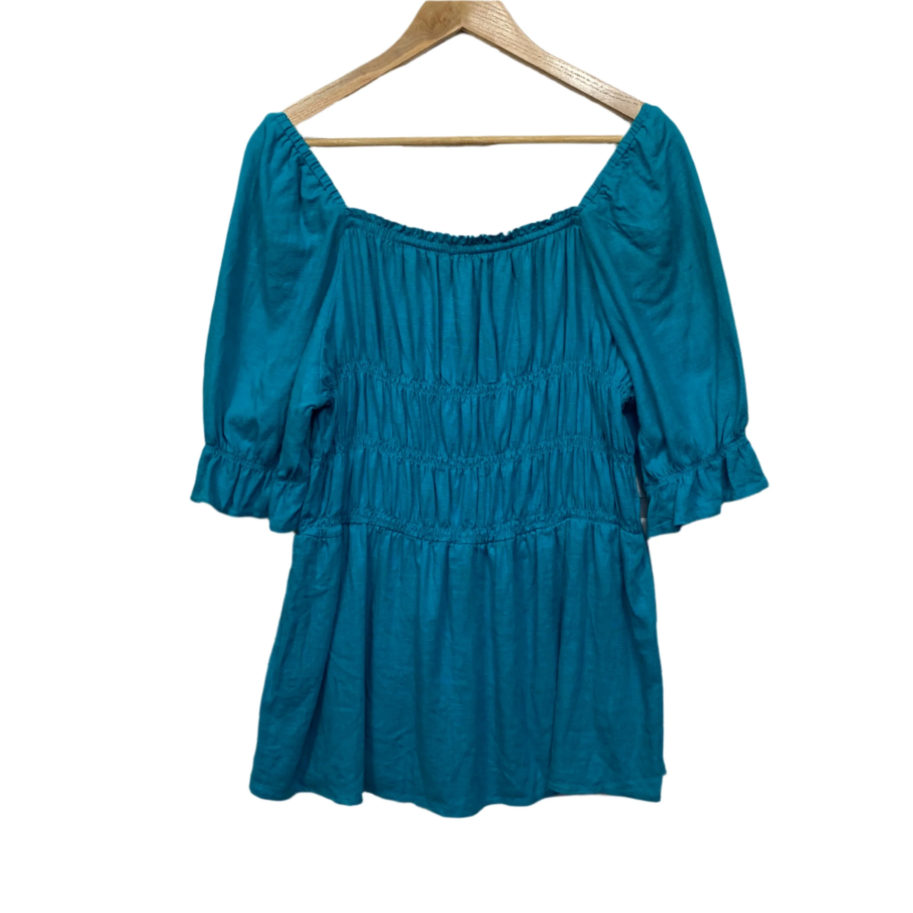Linen Top Size 14 16 Blue Short Sleeve Ruched - Image 2