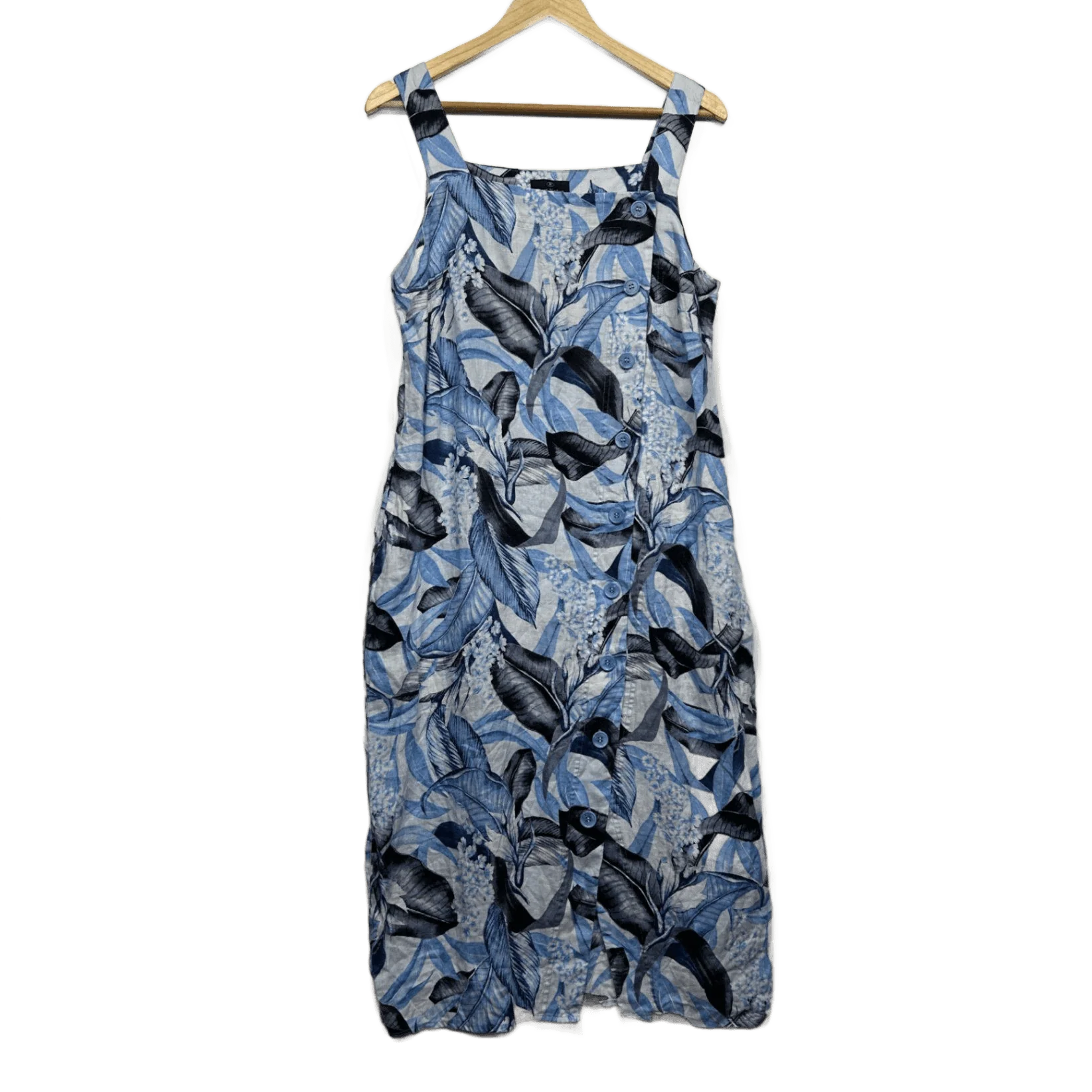 Trent Nathan Women's Blue White Linen Floral Sleeveless Dress Size 12