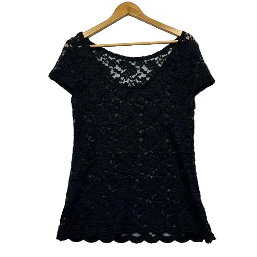 Black Lace Scallop Hem Sheer Top - Size 14