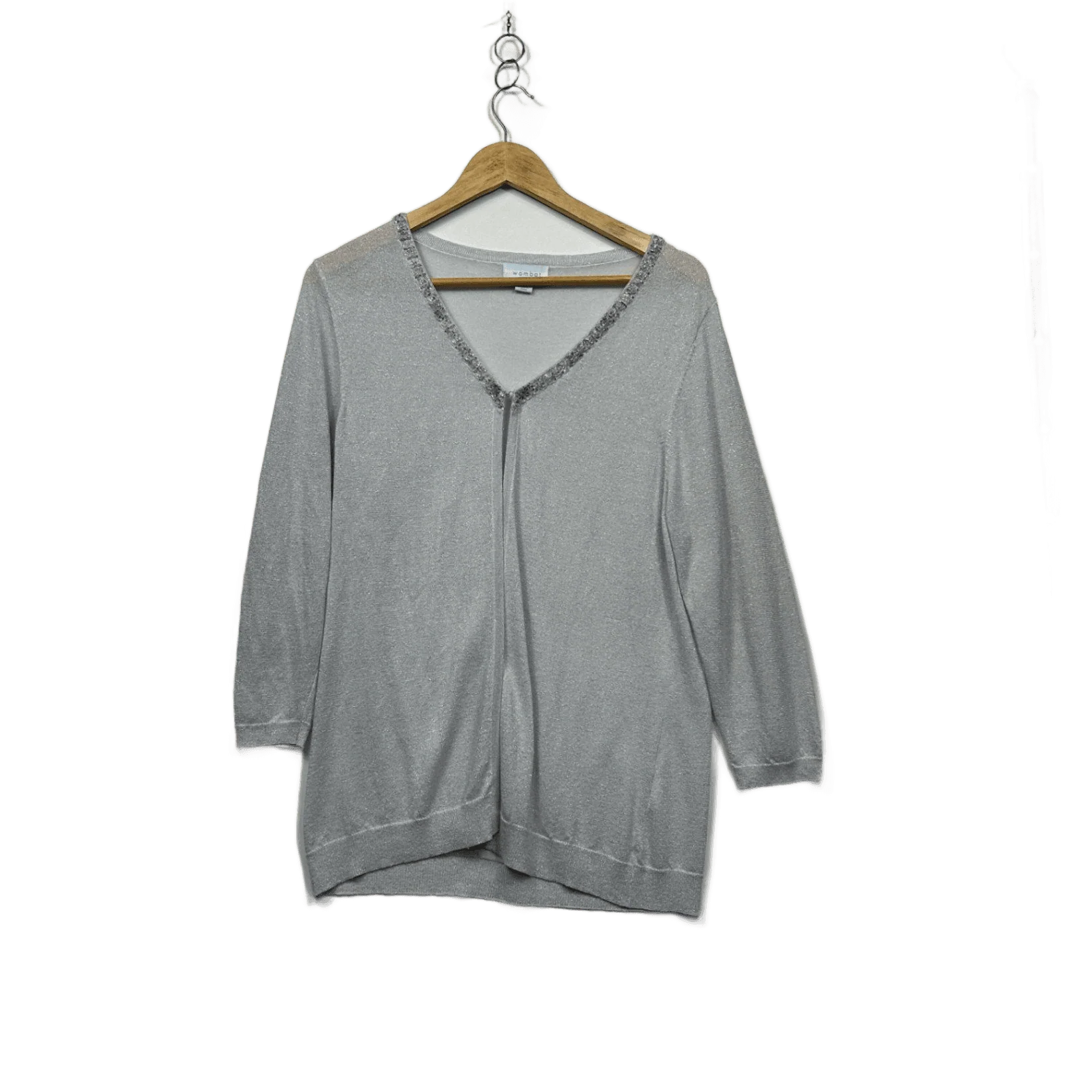 Wombat Silver Metallic Beaded Long Sleeve V-Neck Open Front Top Size 2XL 16 18