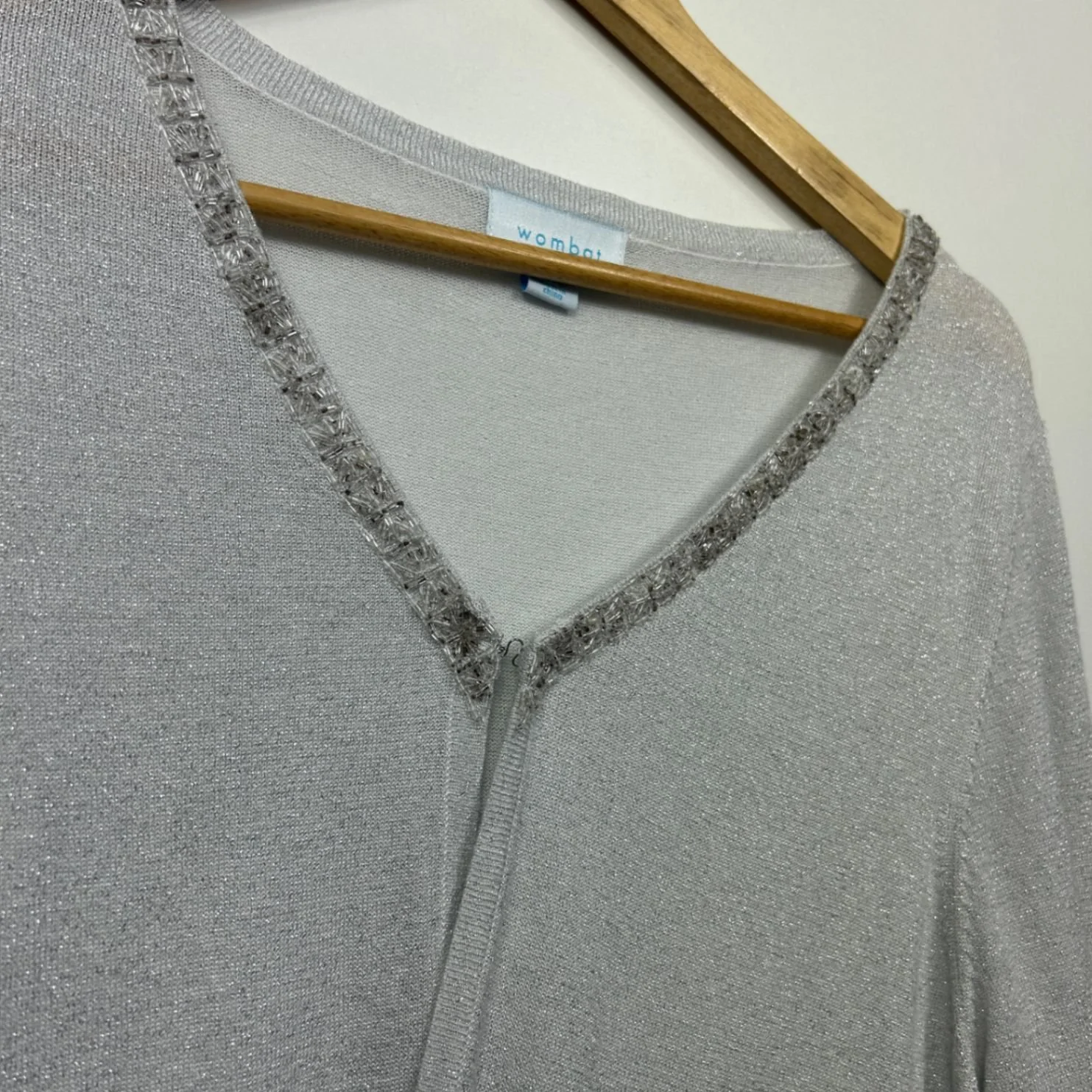 Wombat Silver Metallic Beaded Long Sleeve V-Neck Open Front Top Size 2XL 16 18 - Image 5