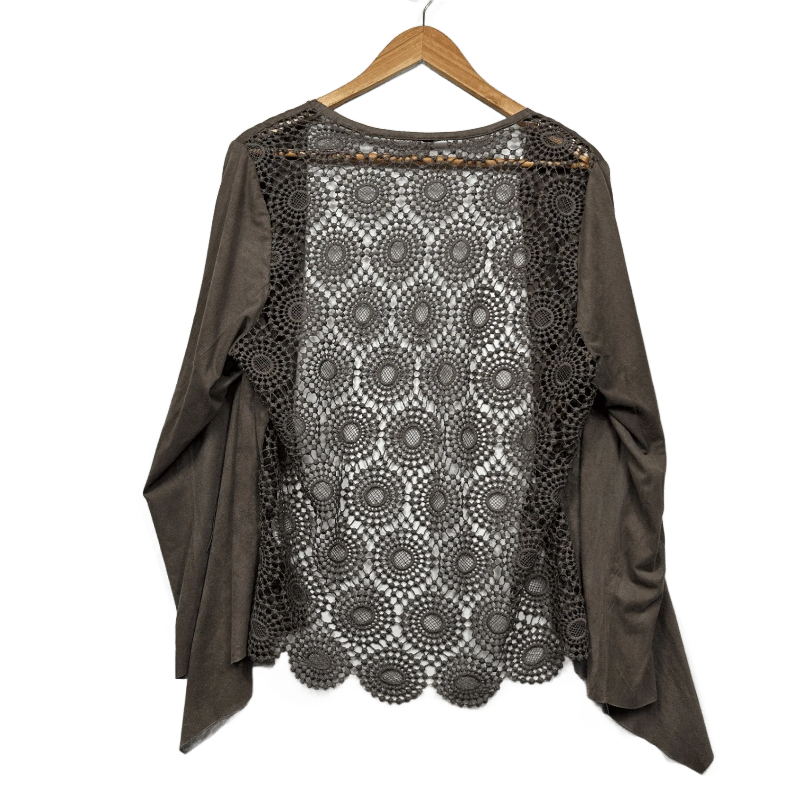 Brown Long Sleeve Open Front Crochet Back Waterfall Top - One Size - Image 2