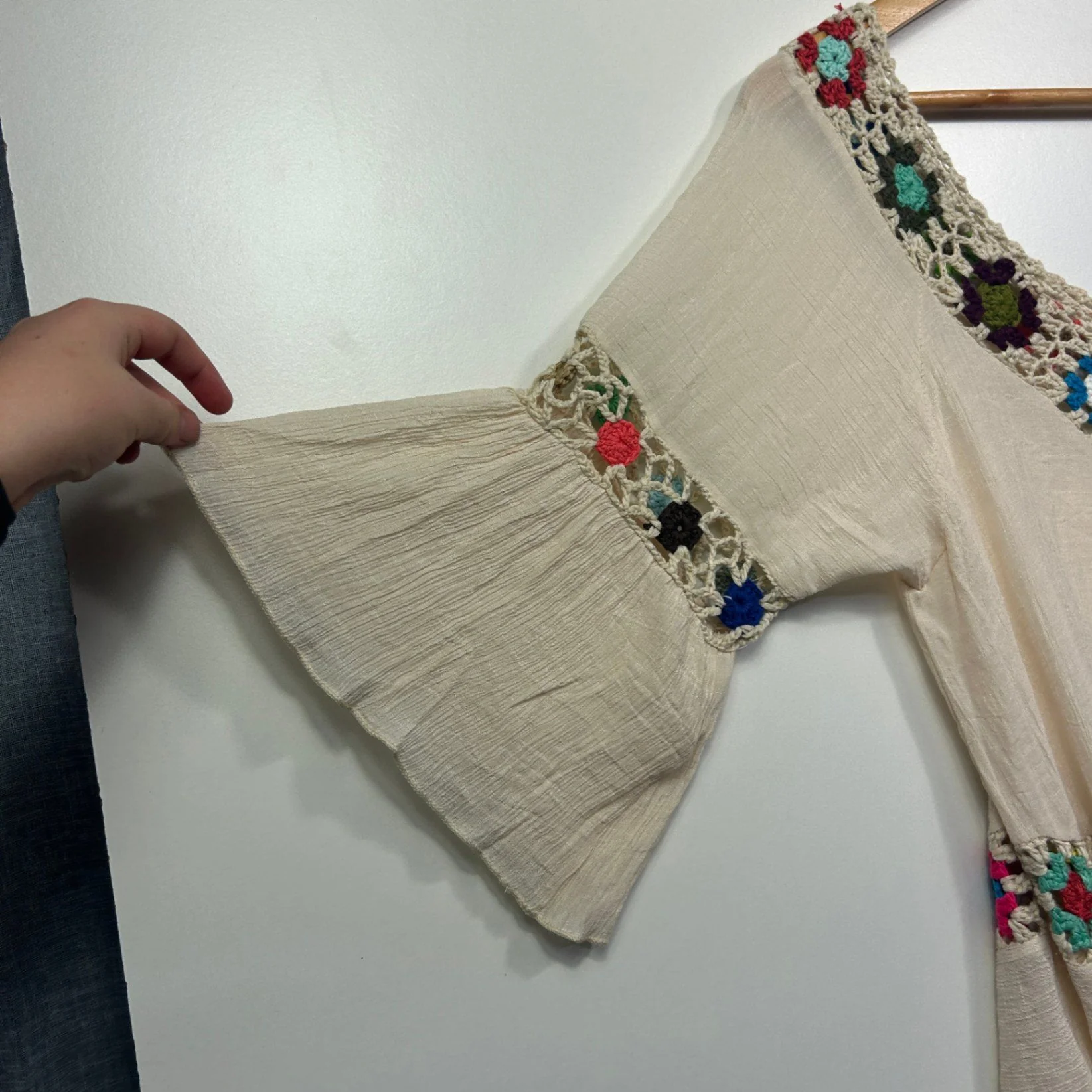 Womens Cream Crochet Trim Boho Tunic Top Size 12-14 - Image 4