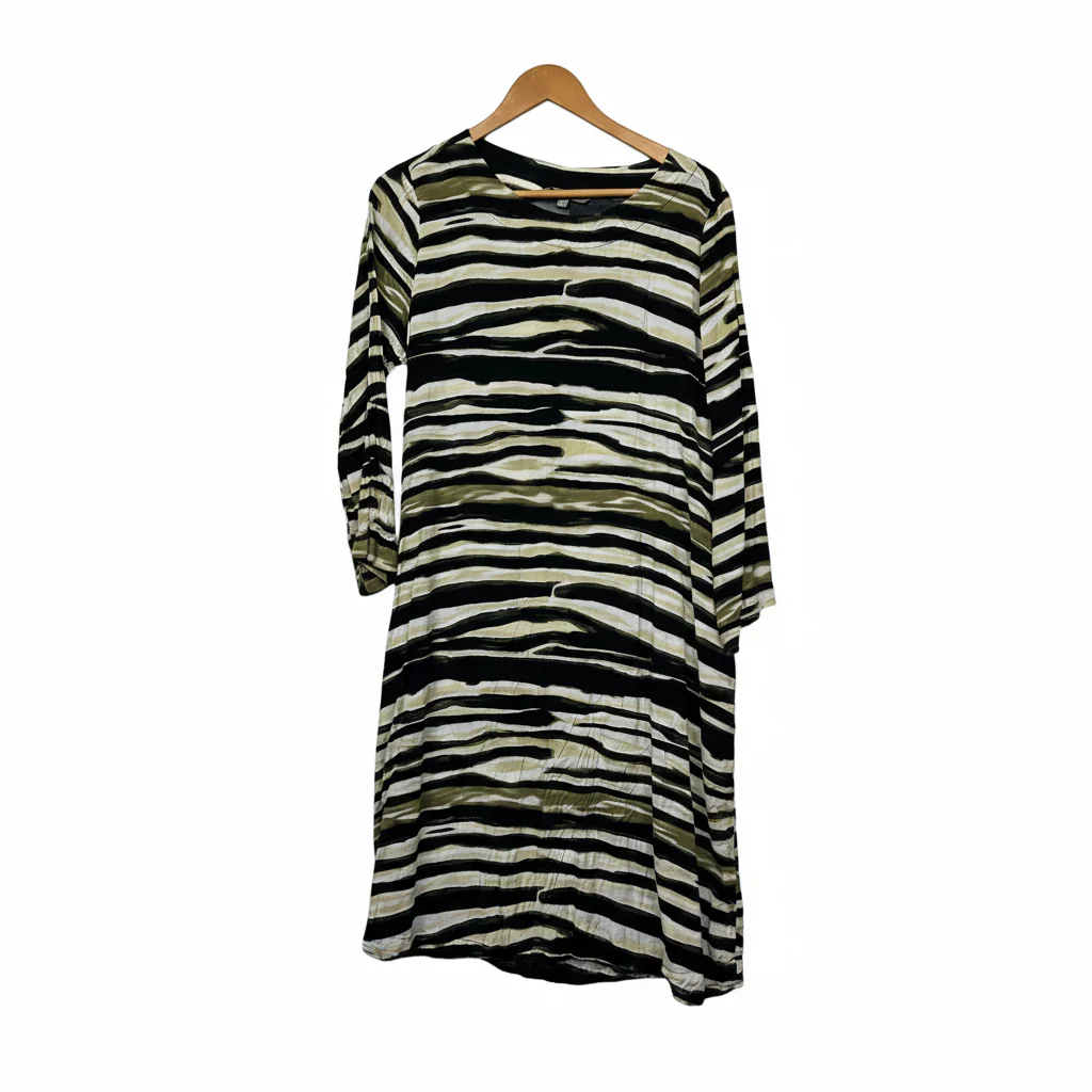 Yarra Trail Black Cream Olive Green Stripe Print Dress - Size 16